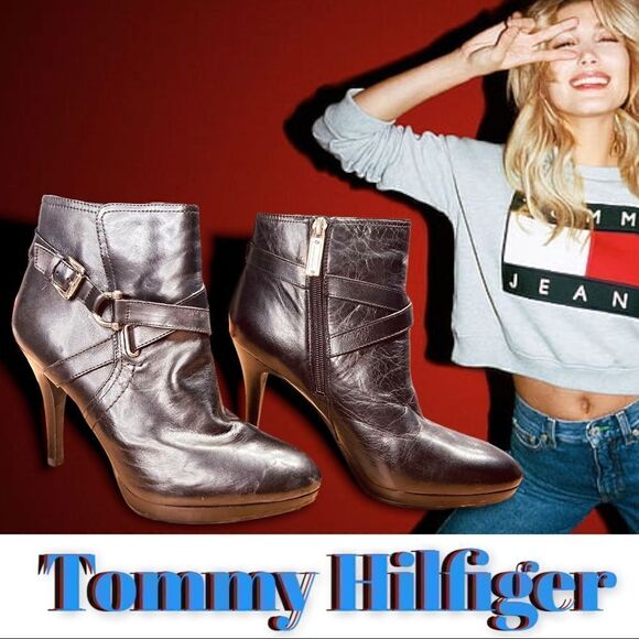 Tommy Hilfiger Women's Size 8 Twrayelle Black Leather Stiletto Heel Booties - Picture 1 of 8